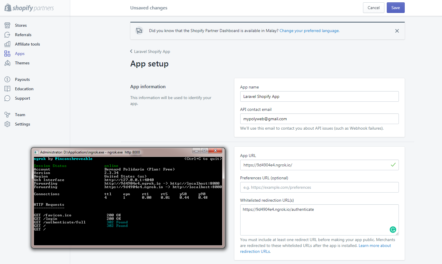 Laravel and Shopify Set Up ngrok to access web server with SSL and HTTPS