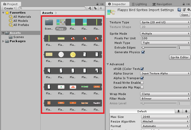 Flappy Bird Sprites Import Settings