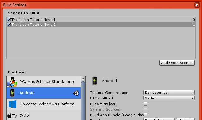 unity 3d build settings window