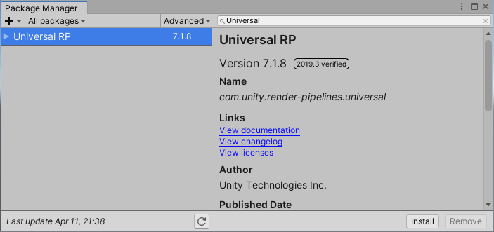 Unity Universal RP Package Manager